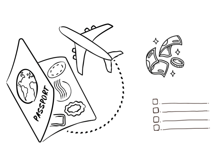 Drawing of a suitcase, box, and paper plane